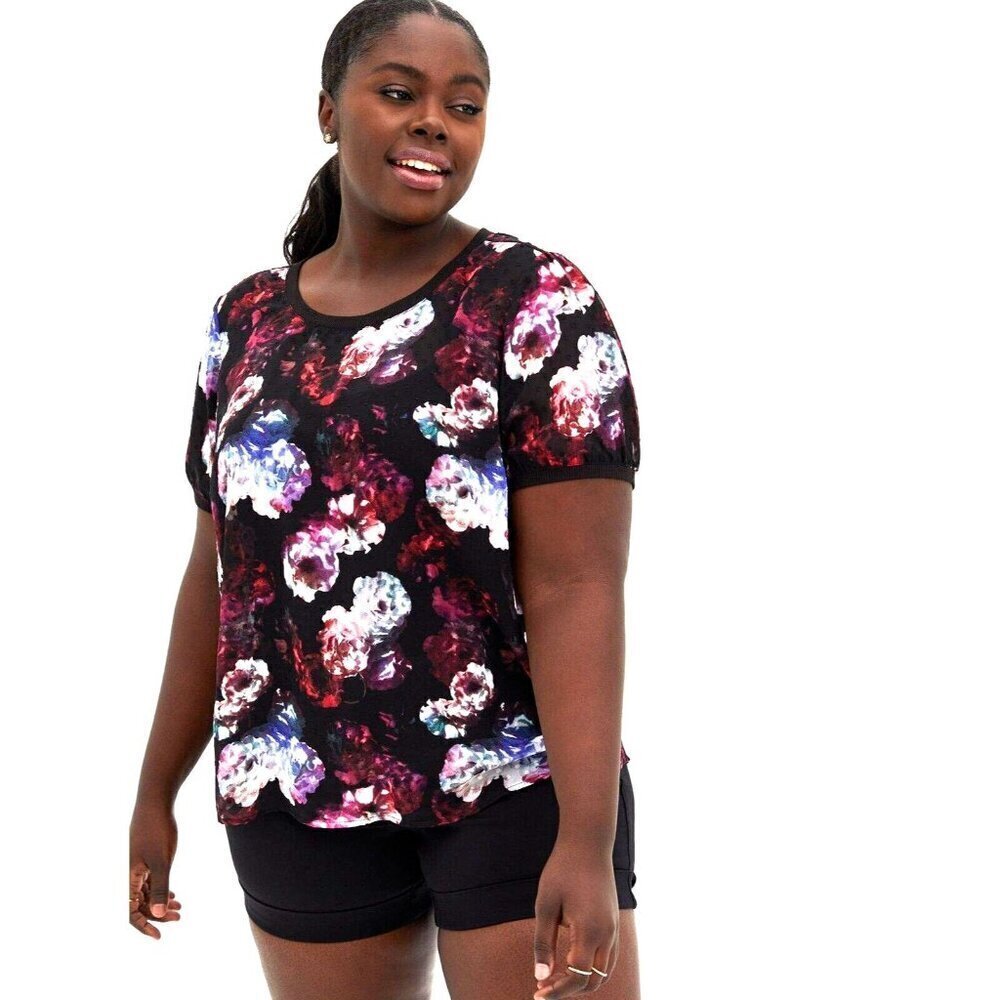 Torrid Womens Plus 1X Sheer Blouse Top Black Dark Floral Swiss Dot Whimsygoth
